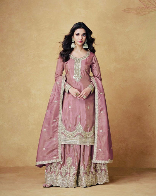 Chic Party Ready Chinon Silk Set with Sequin Embellishments - Jaipur Blossom