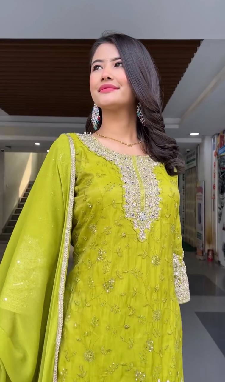 Designer Heavy Chinon Silk Top and Plazzo with Dupatta – Fully Stitched Embroidered Ensemble