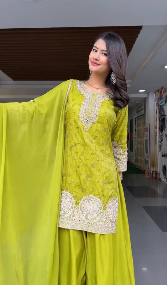Designer Heavy Chinon Silk Top and Plazzo with Dupatta – Fully Stitched Embroidered Ensemble