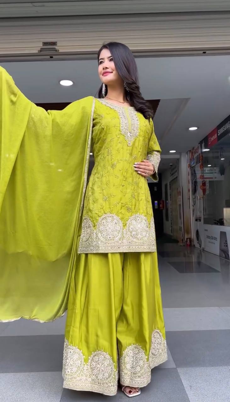 Designer Heavy Chinon Silk Top and Plazzo with Dupatta – Fully Stitched Embroidered Ensemble