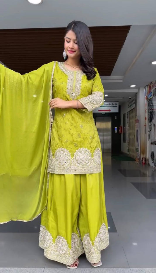 Designer Heavy Chinon Silk Top and Plazzo with Dupatta – Fully Stitched Embroidered Ensemble