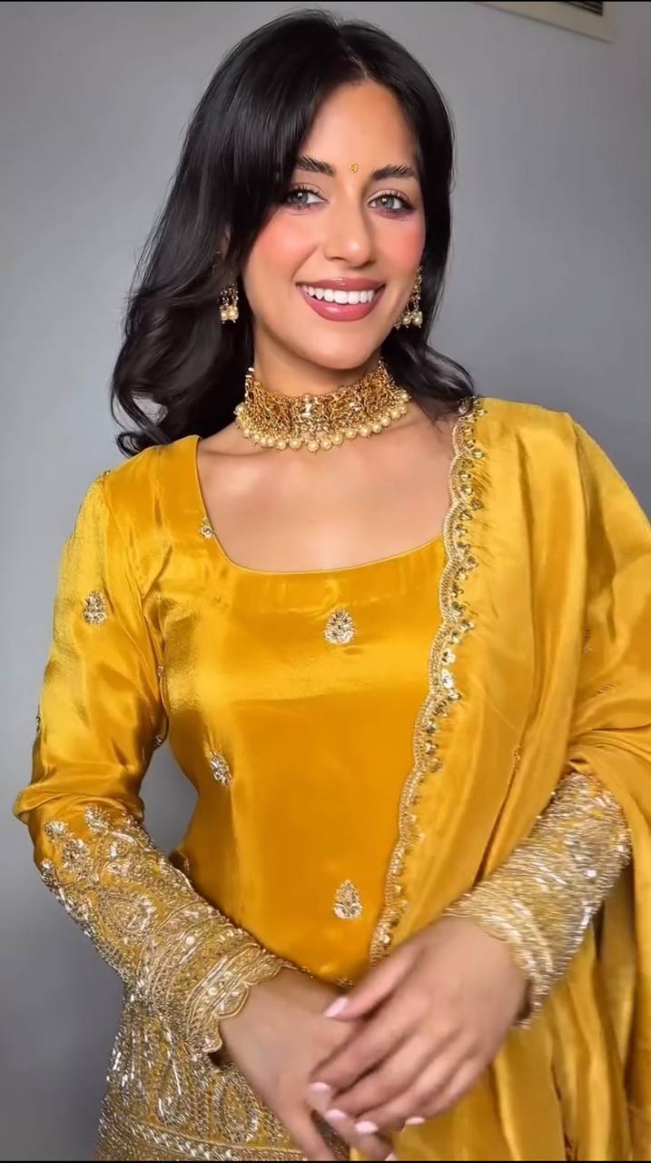 Designer Yellow Natural Crepe Silk Top with Heavy 5mm Embroidery, Full Sleeve & Latkan Dori Sarara Plazzo Dupatta Set