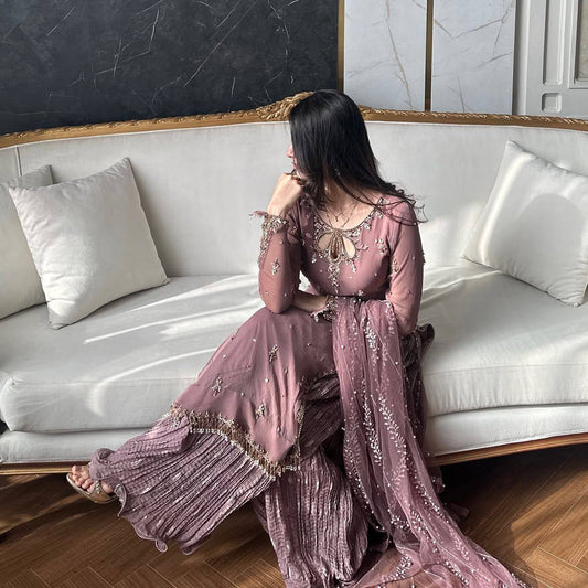 Sequin Embroidered Fox Georgette Top and Palazzo with Soft Organza Dupatta - Jaipur Blossom