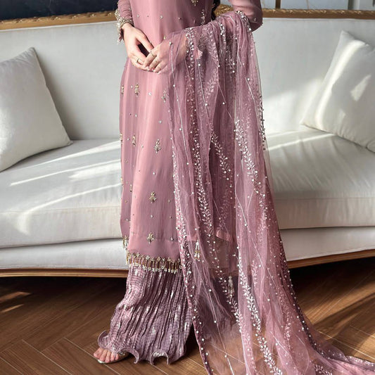 Sequin Embroidered Fox Georgette Top and Palazzo with Soft Organza Dupatta - Jaipur Blossom