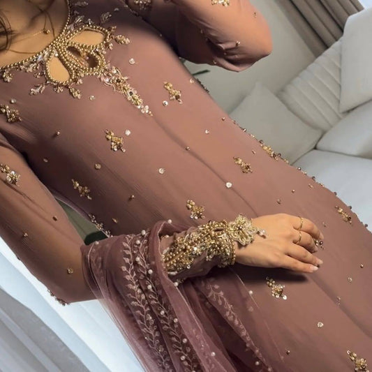 Sequin Embroidered Fox Georgette Top and Palazzo with Soft Organza Dupatta - Jaipur Blossom