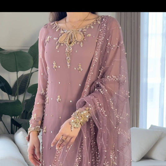 Sequin Embroidered Fox Georgette Top and Palazzo with Soft Organza Dupatta - Jaipur Blossom