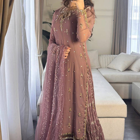 Sequin Embroidered Fox Georgette Top and Palazzo with Soft Organza Dupatta - Jaipur Blossom