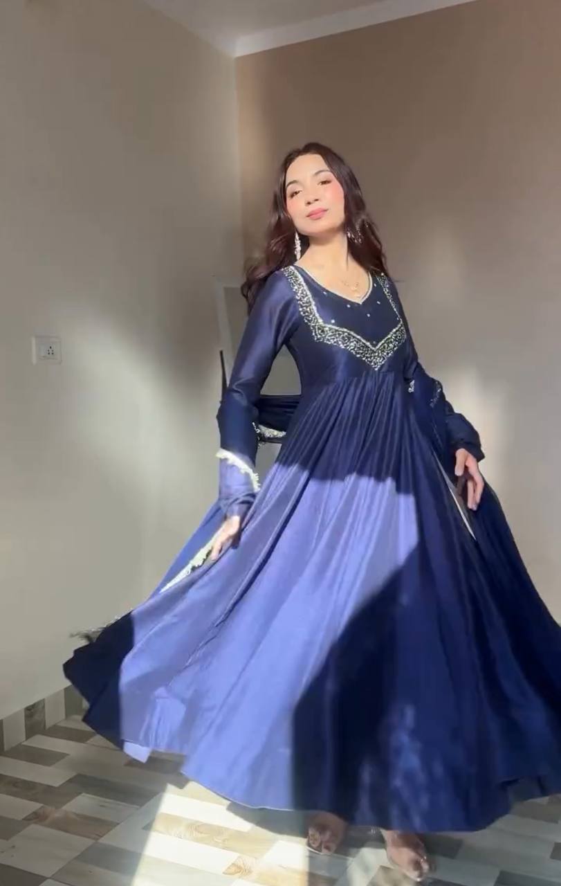 Designer Party Wear Star Georgette Gown with Pant and Embroidery Work