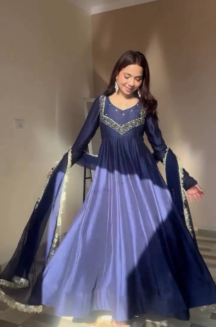 Designer Party Wear Star Georgette Gown with Pant and Embroidery Work