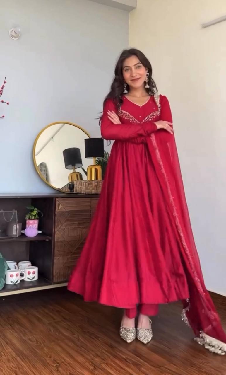 Designer Party Wear Star Georgette Gown with Pant and Embroidery Work
