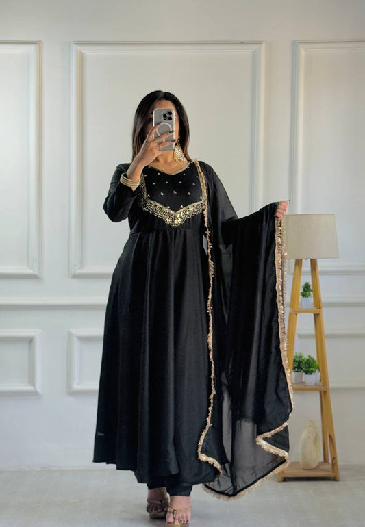 Designer Party Wear Star Georgette Gown with Pant and Embroidery Work
