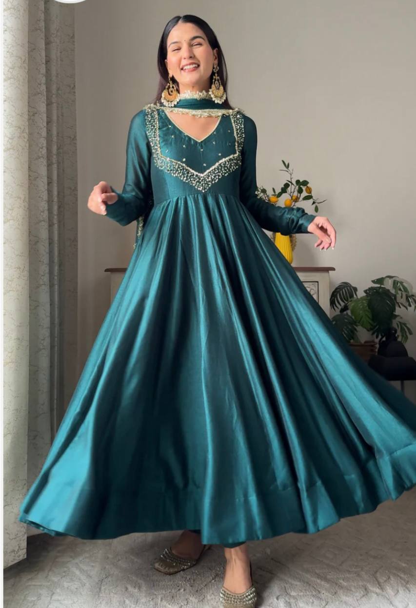 Designer Party Wear Star Georgette Gown with Pant and Embroidery Work
