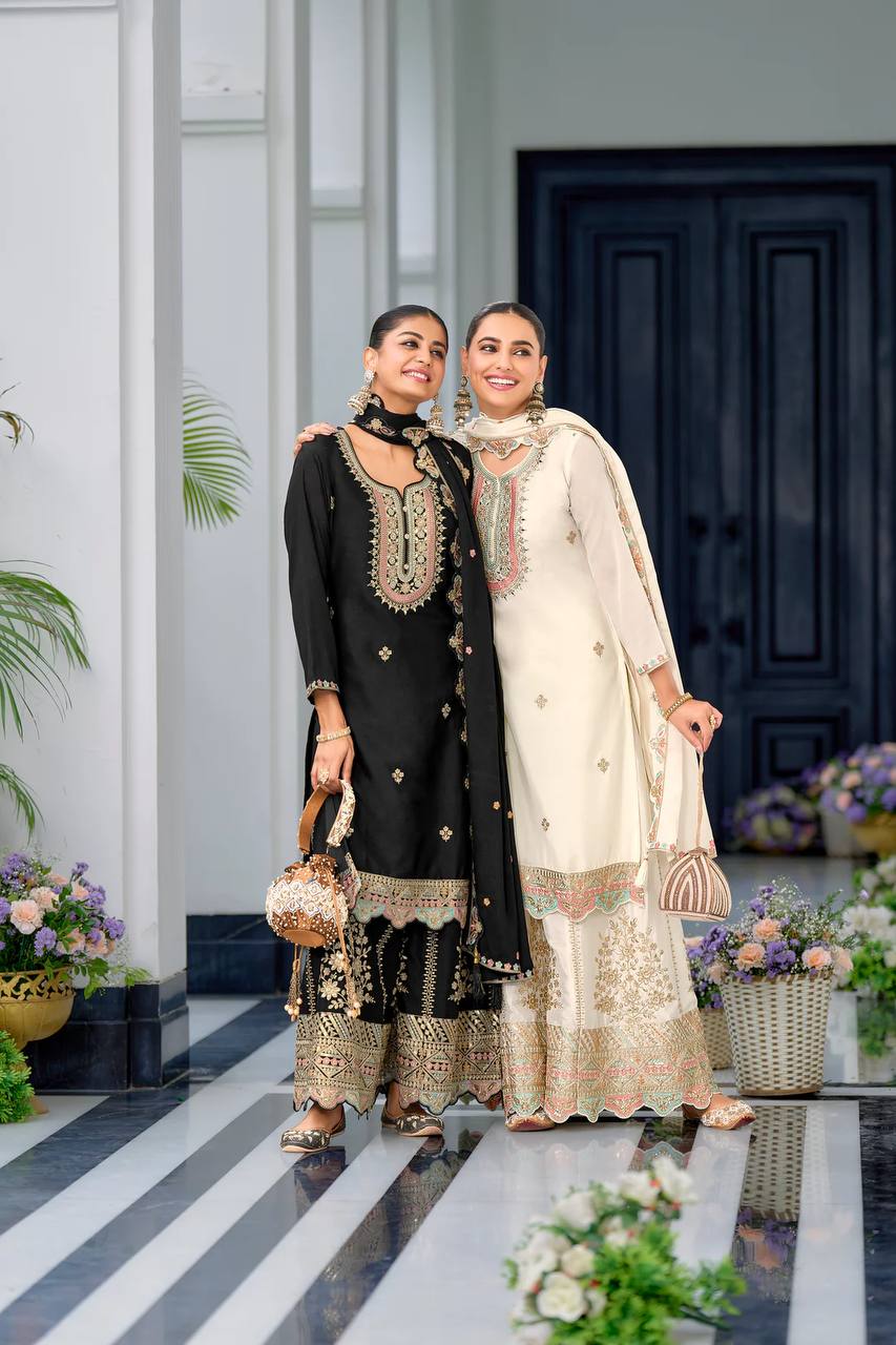 Designer Chinon Silk Party Wear with Embroidered Top Sharara and Dupatta - Jaipur Blossom
