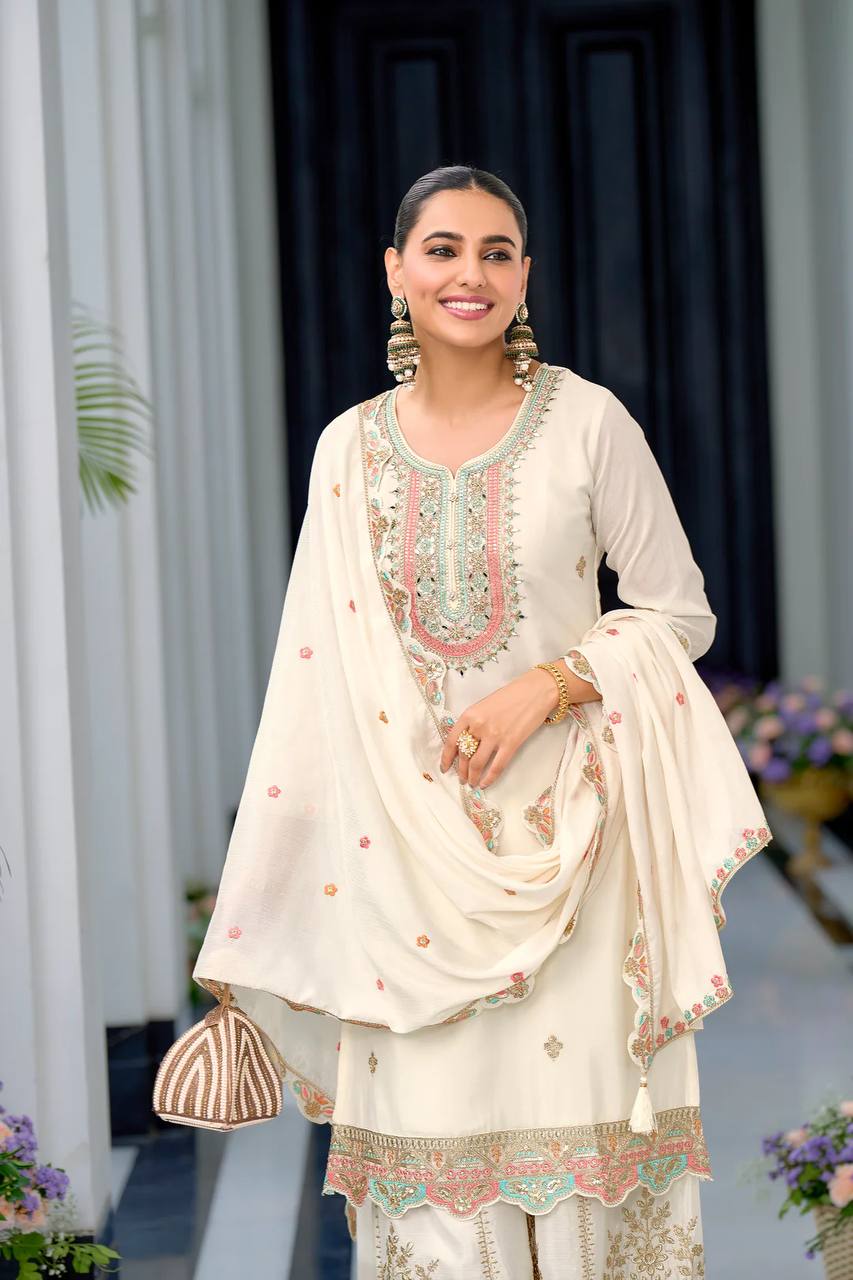 Designer Chinon Silk Party Wear with Embroidered Top Sharara and Dupatta - Jaipur Blossom