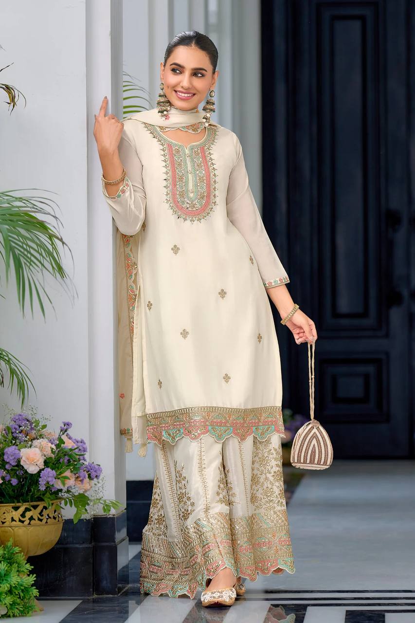 Designer Chinon Silk Party Wear with Embroidered Top Sharara and Dupatta - Jaipur Blossom