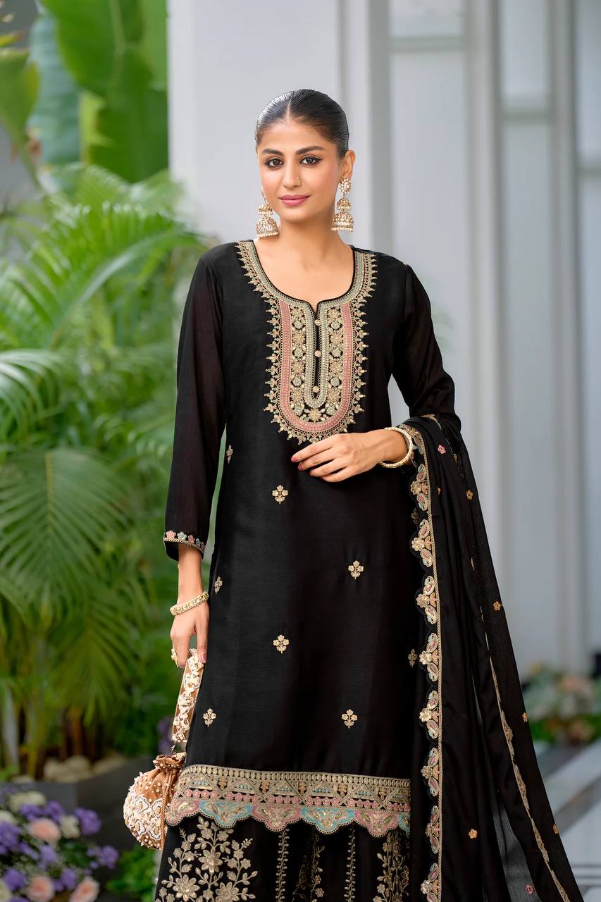 Designer Chinon Silk Party Wear with Embroidered Top Sharara and Dupatta - Jaipur Blossom
