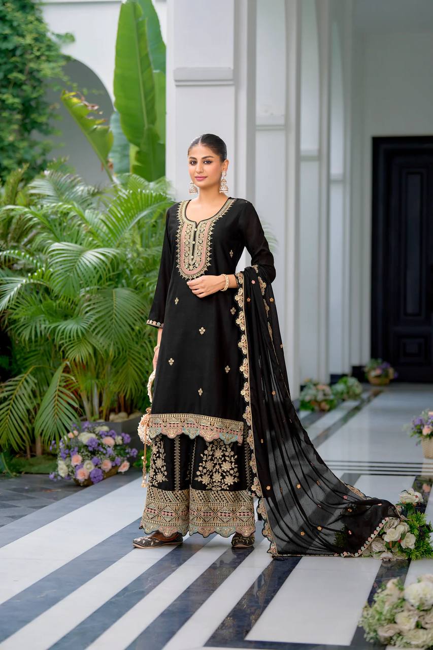 Designer Chinon Silk Party Wear with Embroidered Top Sharara and Dupatta - Jaipur Blossom
