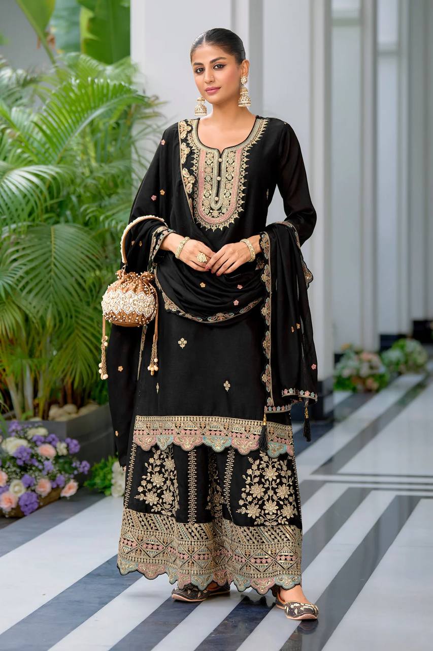 Designer Chinon Silk Party Wear with Embroidered Top Sharara and Dupatta - Jaipur Blossom
