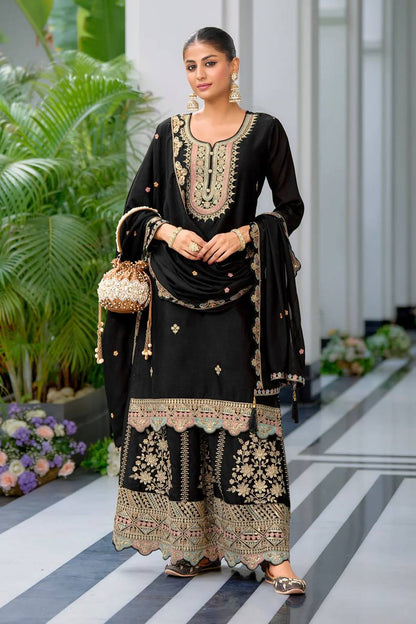 Designer Chinon Silk Party Wear with Embroidered Top Sharara and Dupatta - Jaipur Blossom