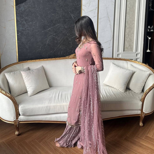 Sequin Embroidered Fox Georgette Top and Palazzo with Soft Organza Dupatta - Jaipur Blossom