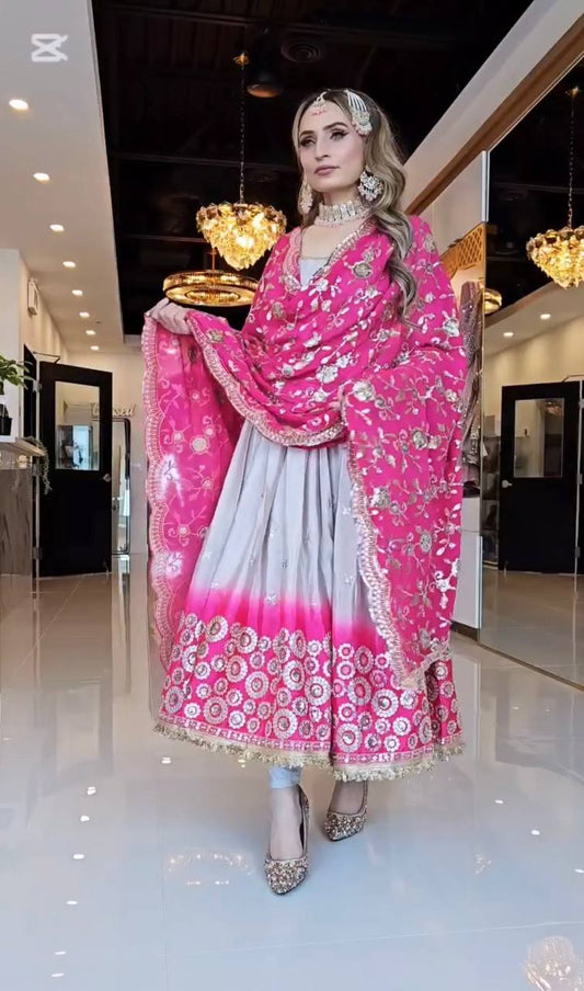 Full Stitched Pure Chinon Gown with Printed Detailing and Matching Sequence Work Dupatta with Designer Border Finish