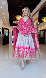Full Stitched Pure Chinon Gown with Printed Detailing and Matching Sequence Work Dupatta with Designer Border Finish