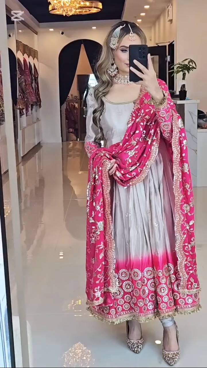 Full Stitched Pure Chinon Gown with Printed Detailing and Matching Sequence Work Dupatta with Designer Border Finish