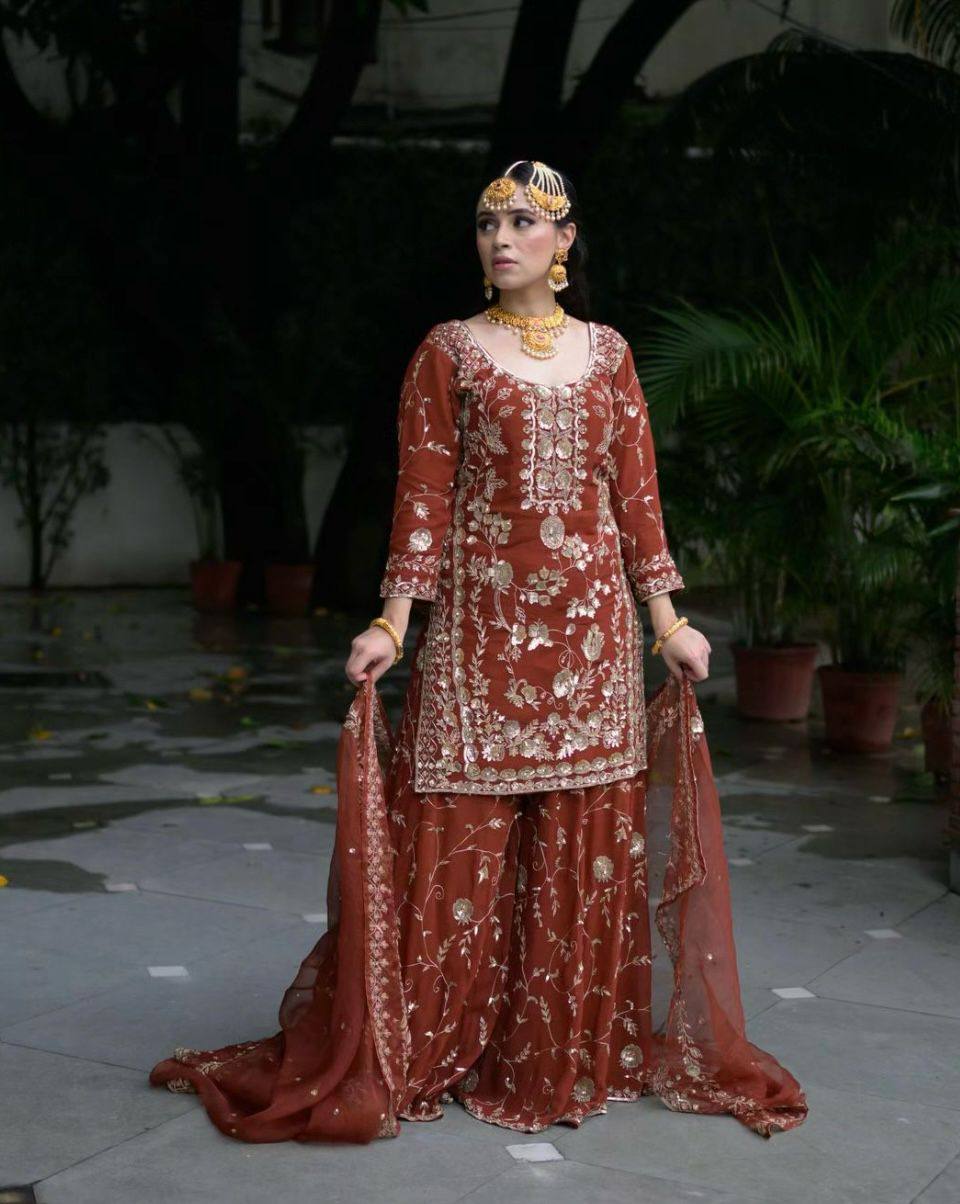 Party Ready Fox Georgette Embroidered Top Plazzo and Fancy Dupatta