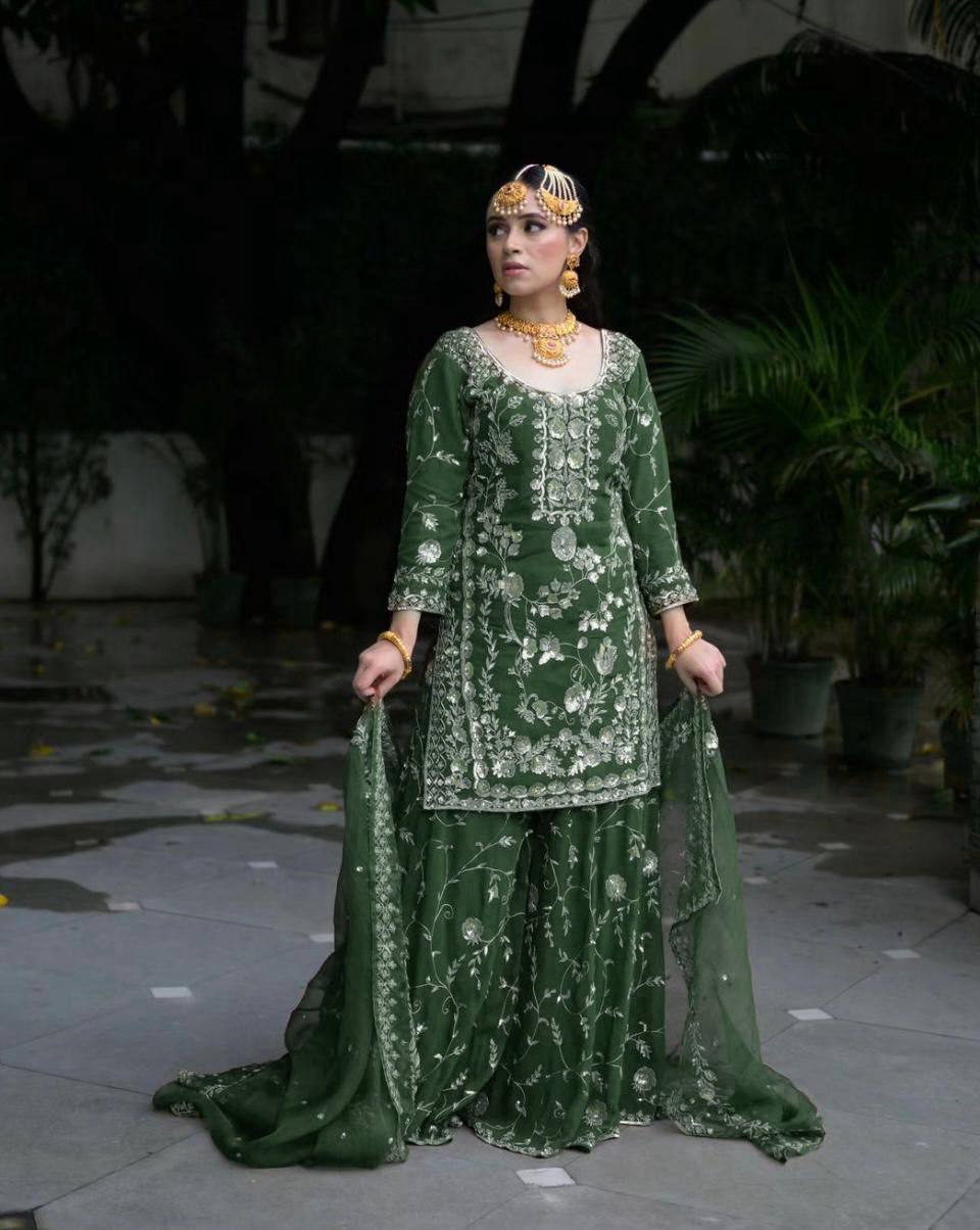 Party Ready Fox Georgette Embroidered Top Plazzo and Fancy Dupatta
