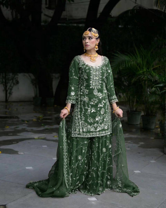 Party Ready Fox Georgette Embroidered Top Plazzo and Fancy Dupatta