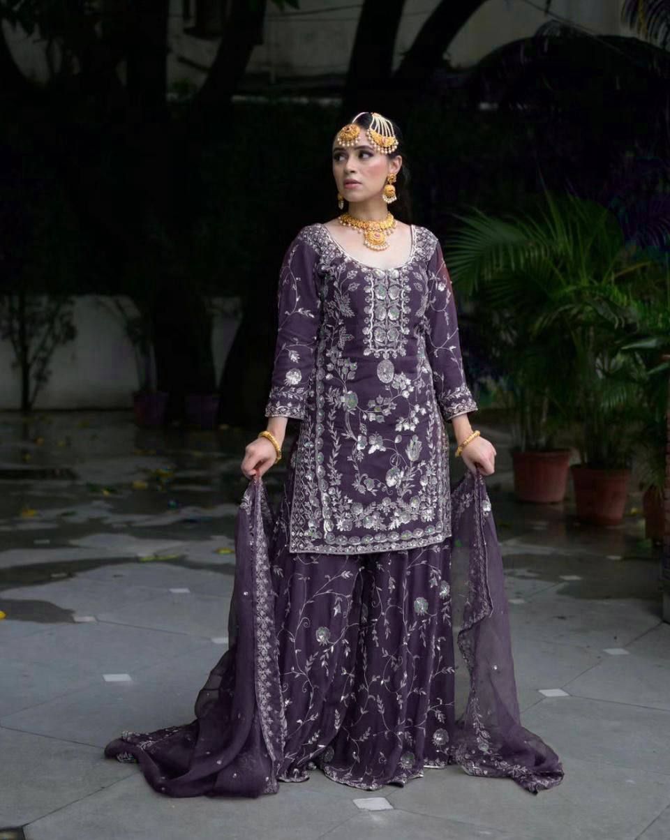 Party Ready Fox Georgette Embroidered Top Plazzo and Fancy Dupatta