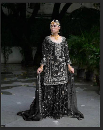 Party Ready Fox Georgette Embroidered Top Plazzo and Fancy Dupatta
