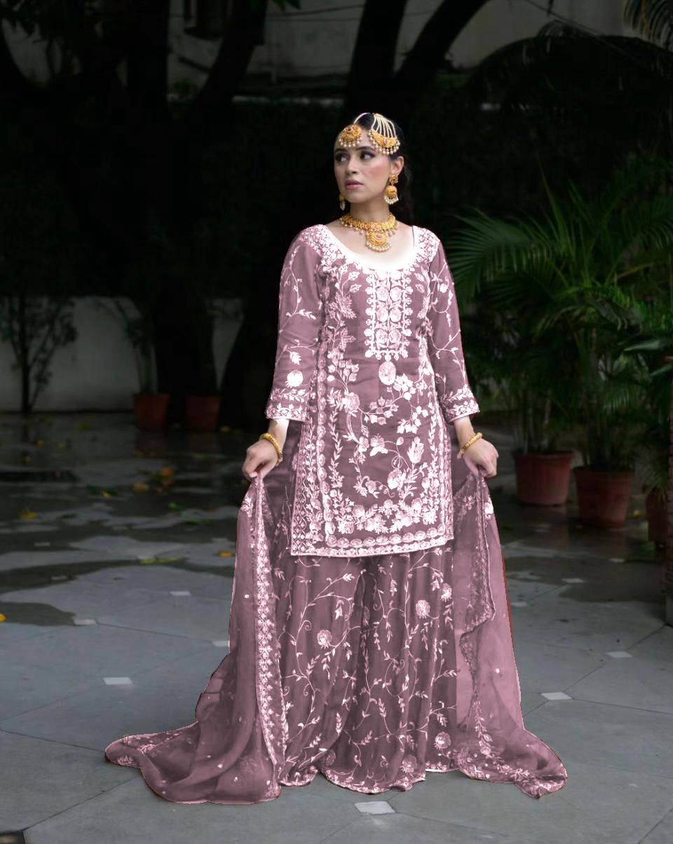 Party Ready Fox Georgette Embroidered Top Plazzo and Fancy Dupatta