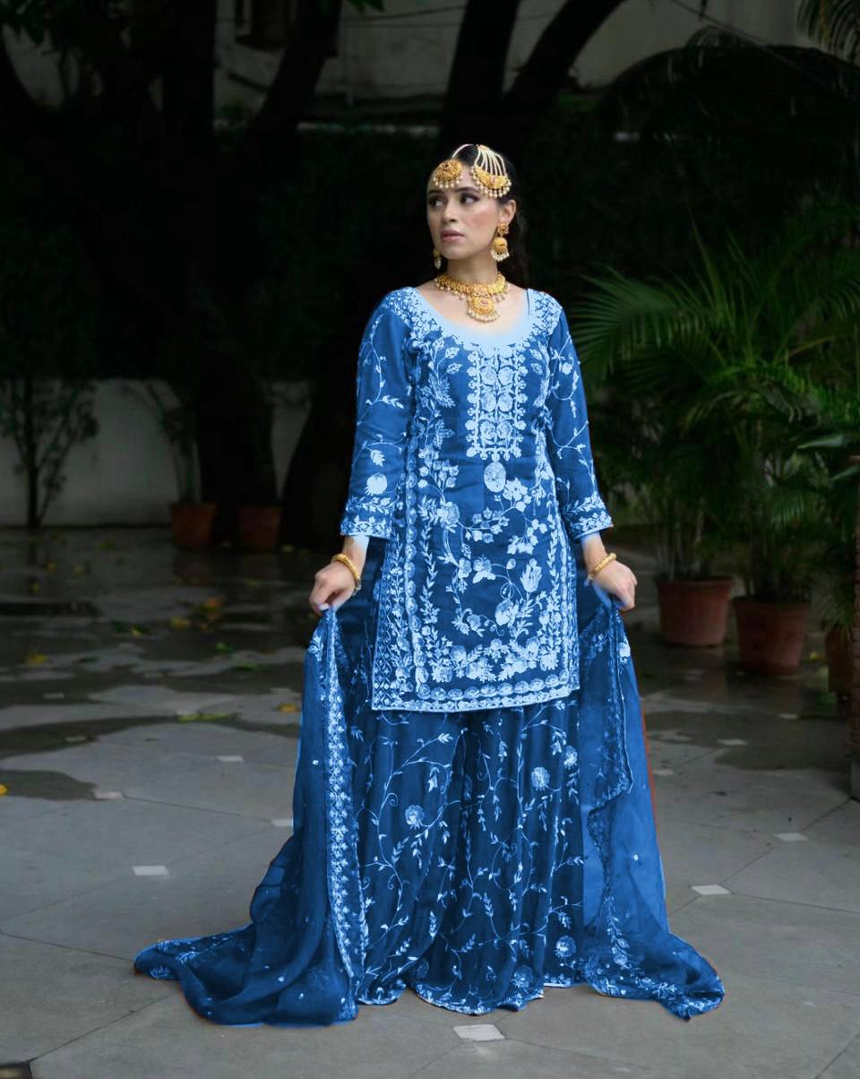 Party Ready Fox Georgette Embroidered Top Plazzo and Fancy Dupatta