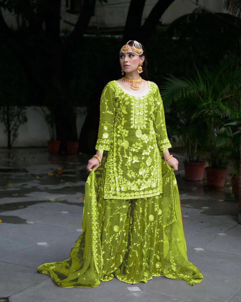 Party Ready Fox Georgette Embroidered Top Plazzo and Fancy Dupatta