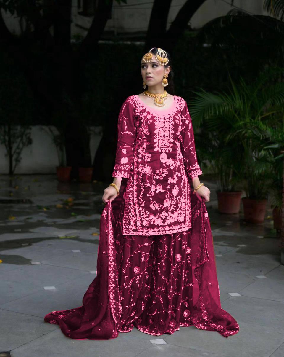 Party Ready Fox Georgette Embroidered Top Plazzo and Fancy Dupatta