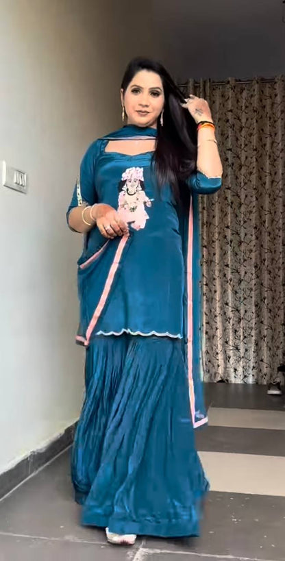 Natural Crepe Party Wear Ensemble with Embroidered Top, Flared Sharara & Dupatta