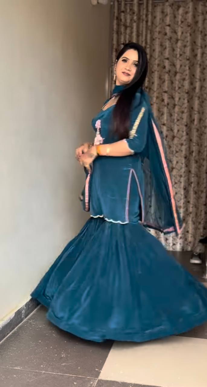 Natural Crepe Party Wear Ensemble with Embroidered Top, Flared Sharara & Dupatta