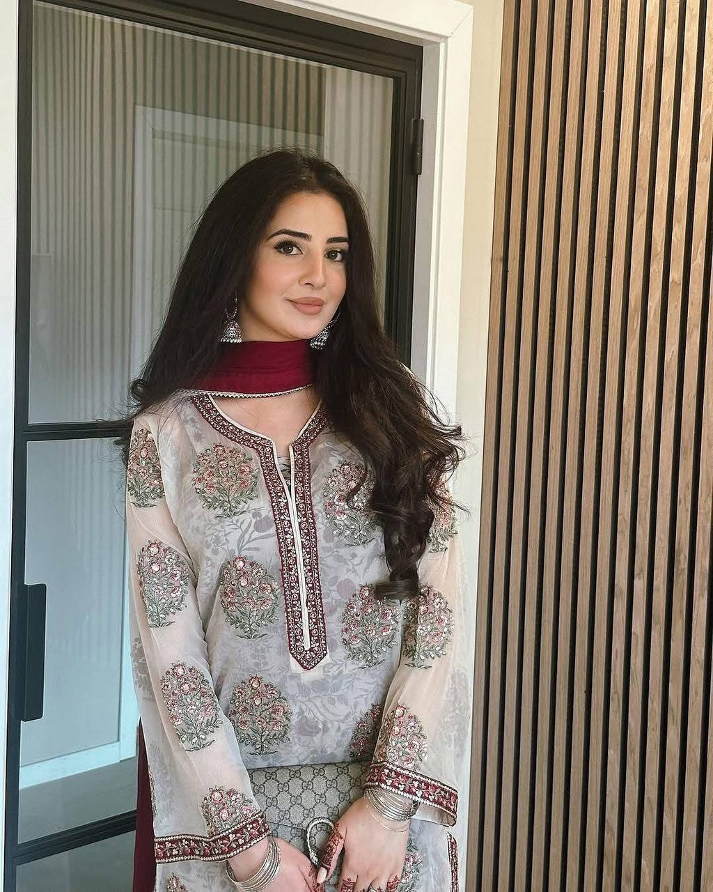 Designer Faux Georgette Top and France Crepe Plazzo Set with Embroidery & Sequence Work - Jaipur Blossom