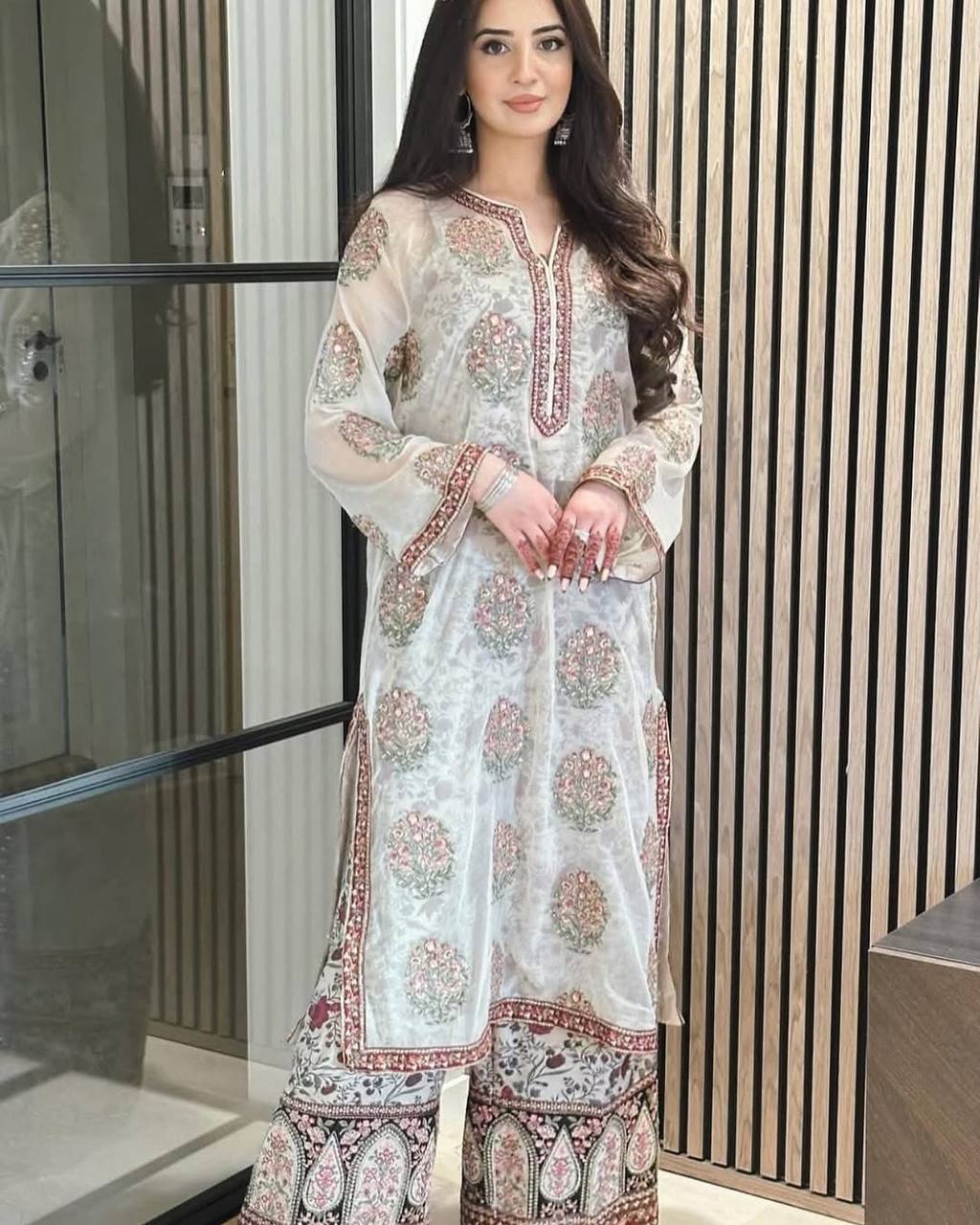 Designer Faux Georgette Top and France Crepe Plazzo Set with Embroidery & Sequence Work - Jaipur Blossom