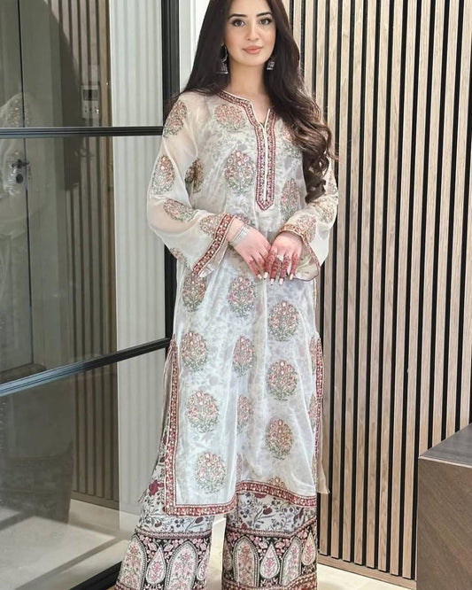 Designer Faux Georgette Top and France Crepe Plazzo Set with Embroidery & Sequence Work - Jaipur Blossom