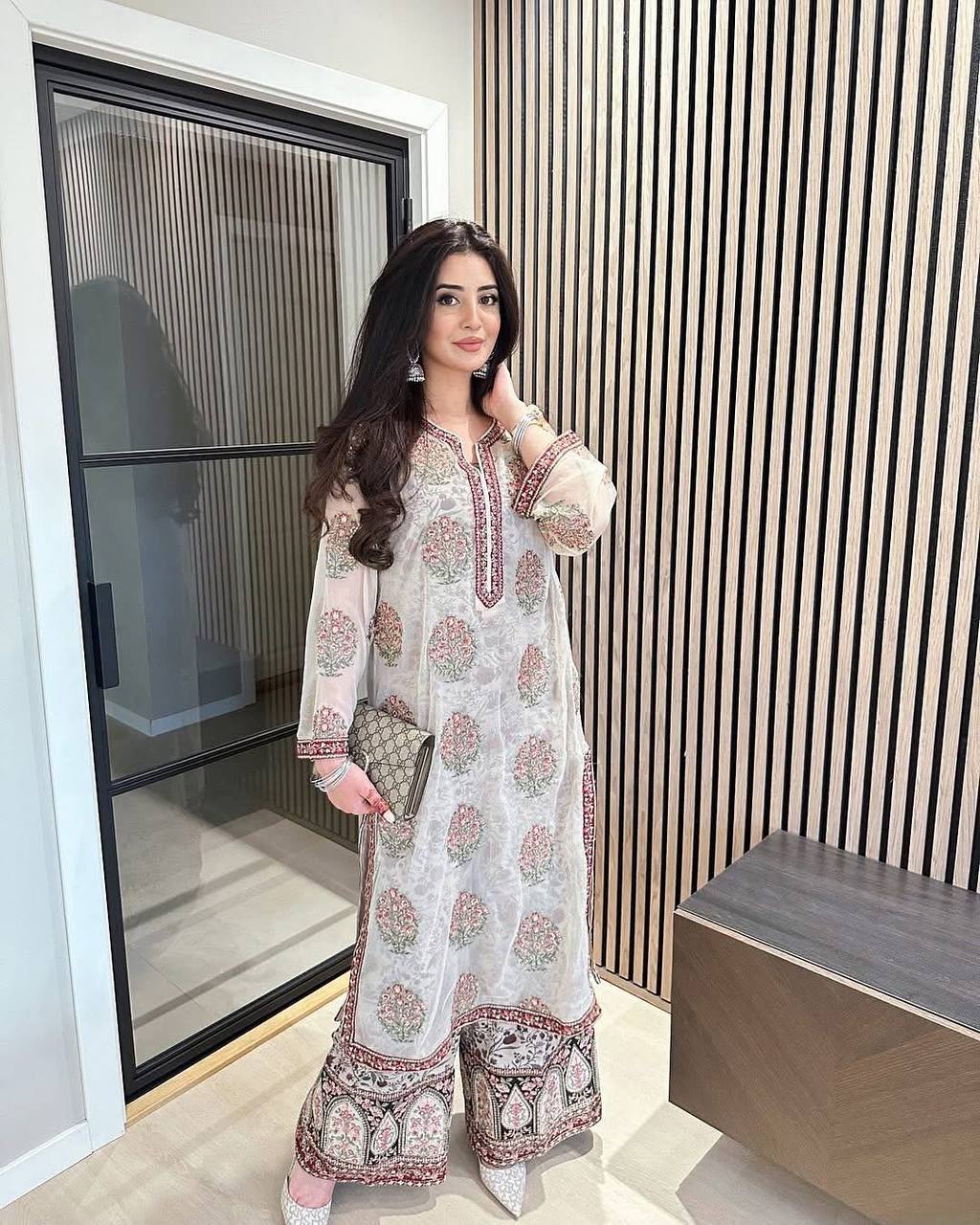Designer Faux Georgette Top and France Crepe Plazzo Set with Embroidery & Sequence Work - Jaipur Blossom