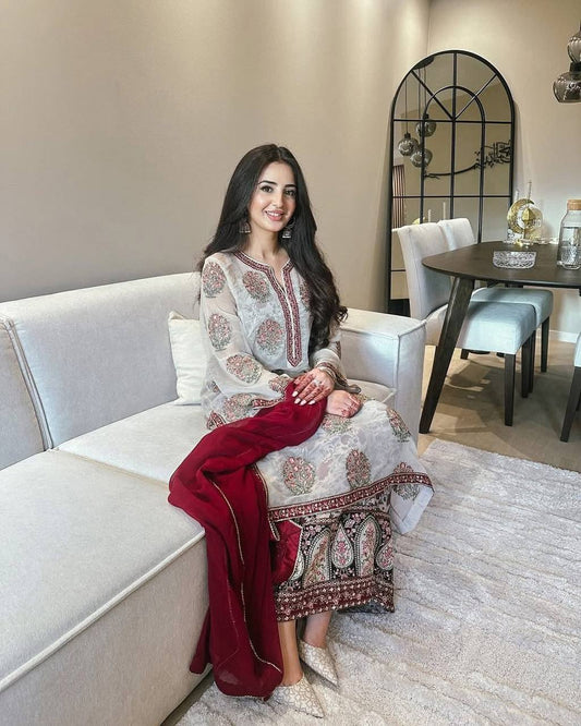 Designer Faux Georgette Top and France Crepe Plazzo Set with Embroidery & Sequence Work - Jaipur Blossom
