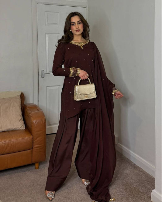 Designer Party Wear Farsi Top and Salwar Set with Fancy Dupatta and Heavy Embroidery Maroon