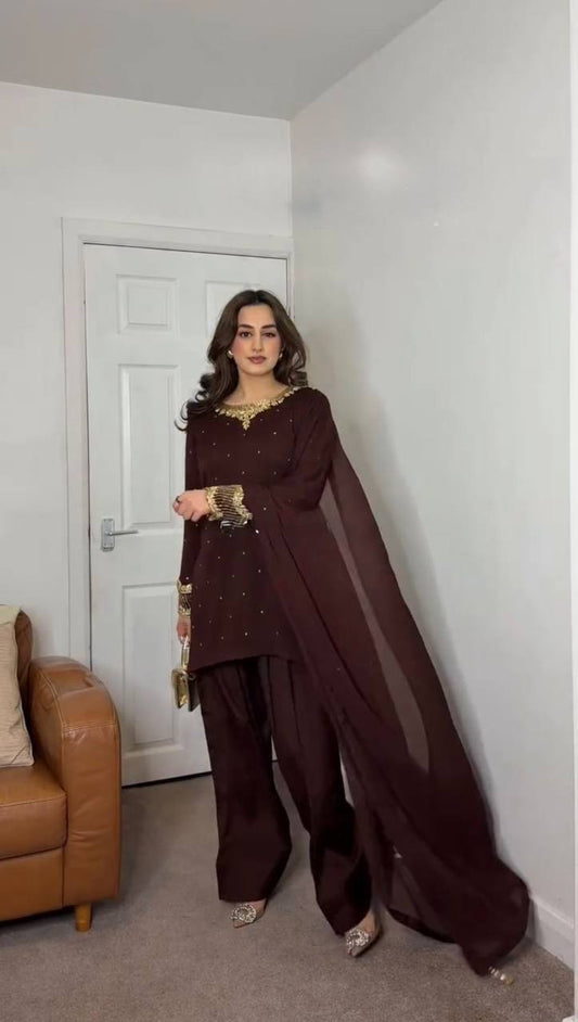 Designer Party Wear Farsi Top and Salwar Set with Fancy Dupatta and Heavy Embroidery Maroon