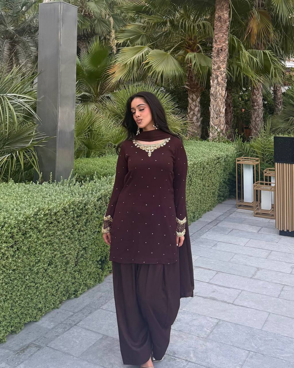 Designer Party Wear Farsi Top and Salwar Set with Fancy Dupatta and Heavy Embroidery Maroon