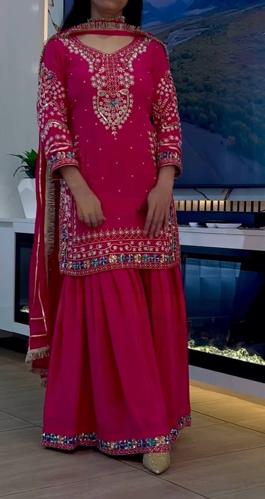Party Wear Heavy Chinon Sharara Suit with 5mm Embroidery and Lace Border Dupatta