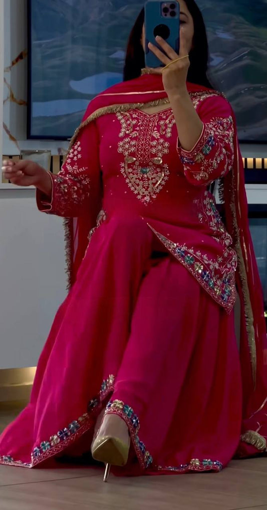 Party Wear Heavy Chinon Sharara Suit with 5mm Embroidery and Lace Border Dupatta