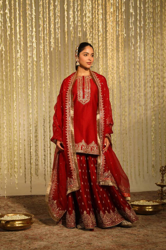 Party Wear Top and Plazzo in Heavy Chinnon Silk with Embroidery and Matching Dupatta