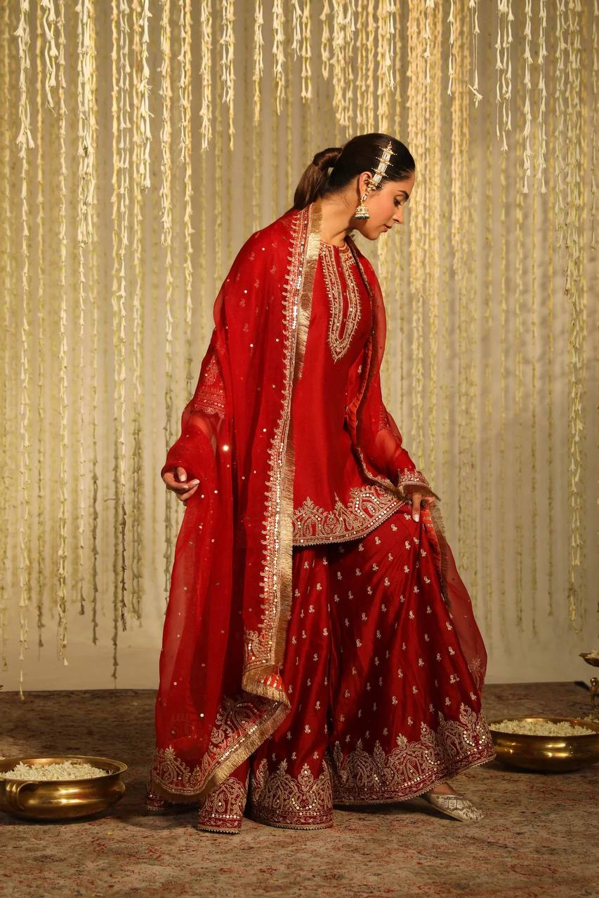 Party Wear Top and Plazzo in Heavy Chinnon Silk with Embroidery and Matching Dupatta